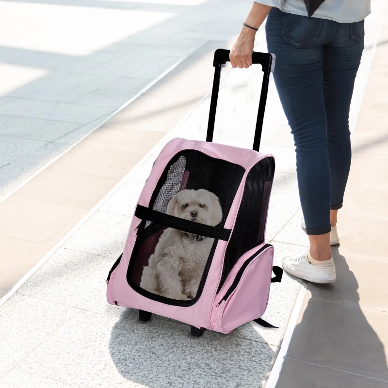 PawHut Transportadora 2 em 1 para Animais de Estimação Mochila ou Carrinho de Viagem para Cães e Gatos com 2 Rodas Alça Retrátil de Alumínio e Bolso de Armazenamento 42x25x55cm Rosa