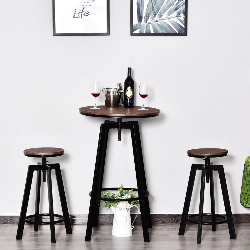 HomCom® Conjunto de Mesa e 2 Tamboretes Móveis para Bar Restaurante Conjunto de 3 peças de madeira e aço ajustável