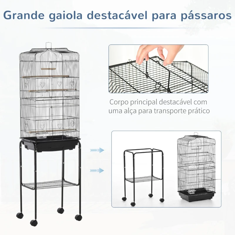 PawHut Gaiola para Passáros com Suporte Gaiola Metálica de Aves Canários com 4 Rodas Portas 4 Comedouros 3 Poleiros Bandeja Removível e Prateleira Inferior 46,5x36x157cm Preto