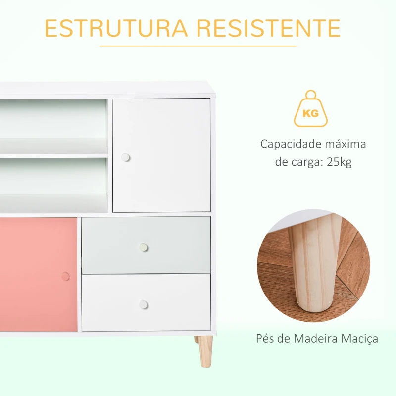 HOMCOM Móvel Infantil Cómoda para Crianças com 2 Compartimentos 2 Gavetas e 2 Armários para Armazenamento de Livros Brinquedos Roupa 80x30x85cm Coral Verde Menta Branco