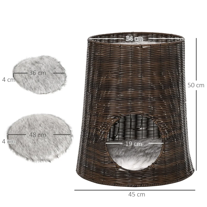 PawHut Cesta de Vime para Gatos Cama Caverna de 2 Níveis com Almofadas Laváveis Ø45x50cm Marrom