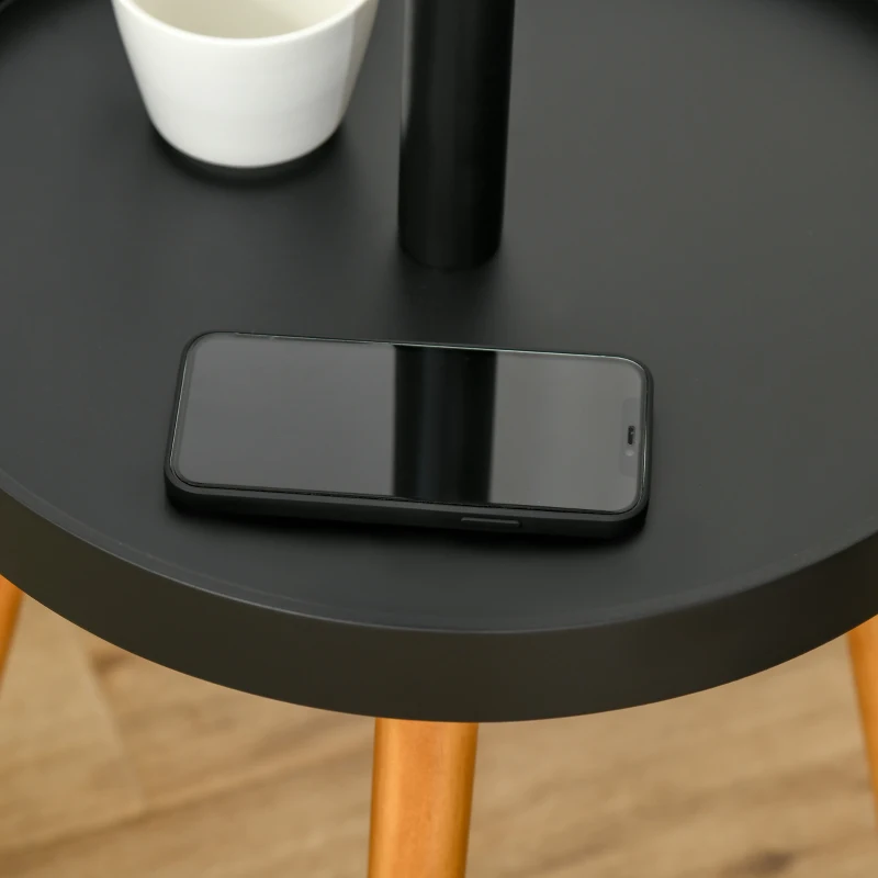 HOMCOM Cabide de Pé com Mesinha Auxiliar Redonda e 5 Ganchos com Altura Ajustável para Casacos Chapéus Bolsos Entrada 40x40x179cm Madeira Natural Preto