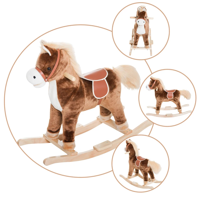 HOMCOM Brinquedo De Pelúcia Caballito  Gangorra de Cavalo Brinquedo de Baloiço de Madeira para Crianças +3 Anos 74x33x62cm