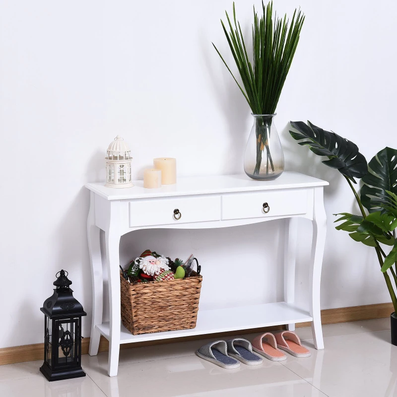 HOMCOM Mesa Tipo Consola para Sala de Estar Consola para Entrada com 2 Gavetas e Prateleira Inferior 100x33x75cm Branco