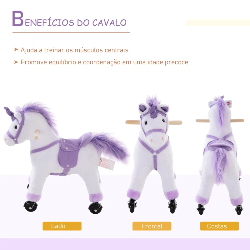 HOMCOM  Cavalo Pônei Mecânico para Montar Balancim com Rodas Brinquedo de Pelúcia Cavalo com Sons 55x23x60cm
