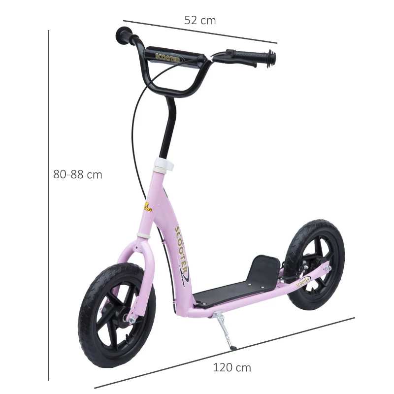 HOMCOM Trotinete para Crianças acima de 5 anos Scooter de 2 Rodas Grandes de 12 Polegadas com Freio e Guidão Ajustável em Altura Carga Máx. 100kg 120x52x80-88cm Rosa