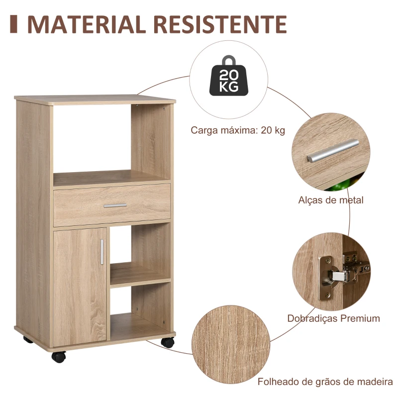 HOMCOM Carrinho de Cozinha para Microondas com 4 Rodas e Freios Gaveta Prateleiras abertas Compartimento com porta 60x40x108 cm Carvalho