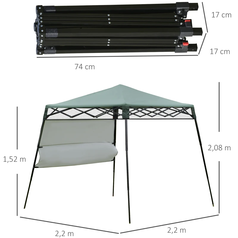 Outsunny Tenda Dobrável 220x220x208 cm com Proteção UV Altura ajustável de 2 niveis Tecido Oxford com estrutura de aço Lateral e Bolsa de Transporte Verde