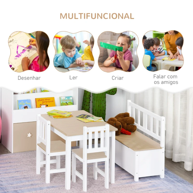HOMCOM Conjunto Infantil de Mesa 2 Cadeiras e Banco com Armazenamento Móveis Infantil para Sala de Jogos Dormitório Branco e Natural
