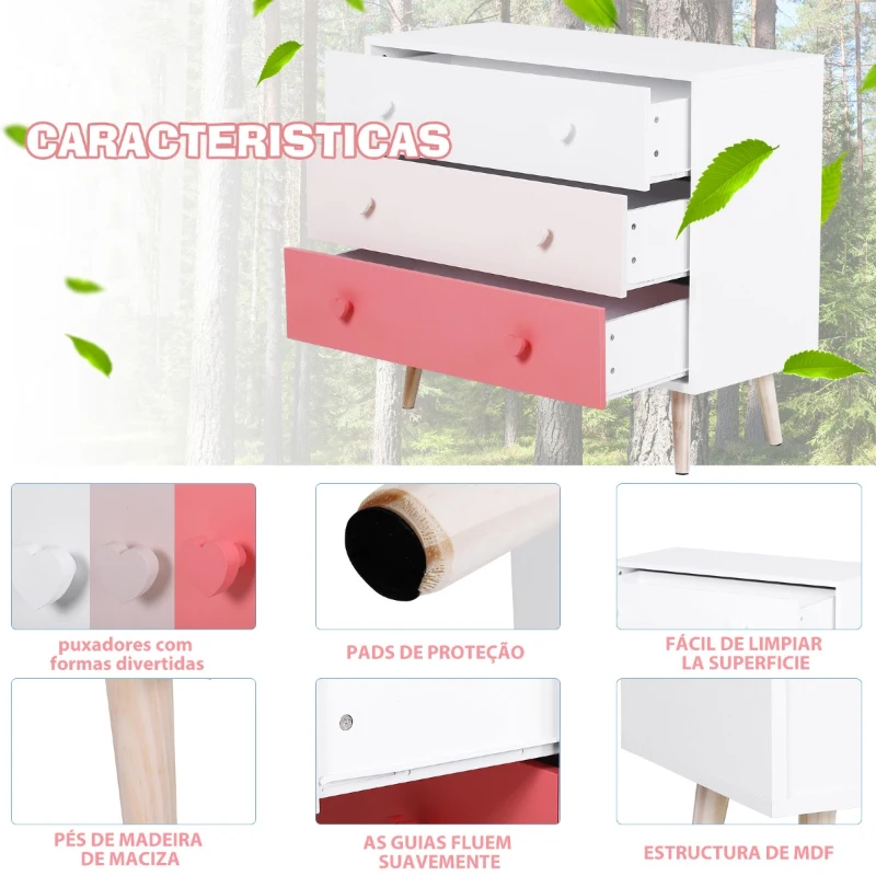 HOMCOM Cómoda infantil com 3 gavetas Cómoda com pernas para roupas ou brinquedos cor Rosa