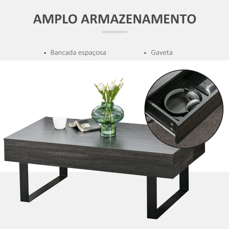 HOMCOM Mesa de Centro Retangular Mesa Auxiliar com Gaveta e Pés Elevados de Metal Estilo Moderno para Sala de Estar Escritório 110x60x40cm Cinza Escuro