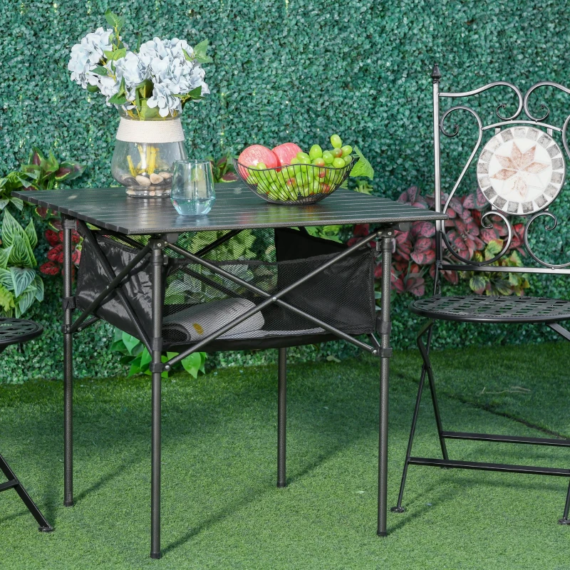 Outsunny Mesa de camping dobrável amplo espaço de armazenamento com malha e bolsa de transporte 70x70x69 cm Preto