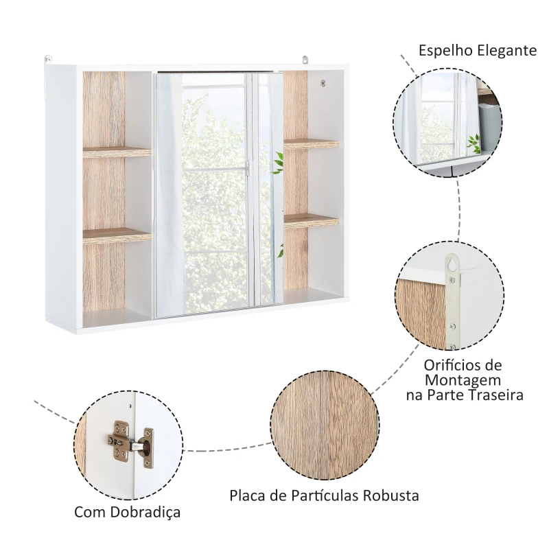 HOMCOM Armário de Espelho com Espaço Interno com Prateleiras Ajustáveis Armário de Banheiro com Prateleiras Abertas 60x14,5x49,4 cm Branco e Carvalho