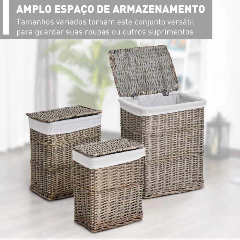 HOMCOM Conjunto de 3 cestas para roupas sujas empilhadas com forros removíveis de vime grosso cinzento