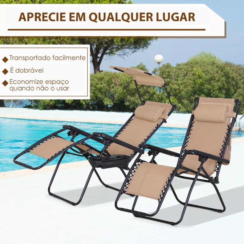 Outsunny Espreguiçadeira Dobrável Gravidade Zero com Toldo Apoio para os Braços Espreguiçadeira Reclinável com Bandeja Removível 90x67x110cm Bege