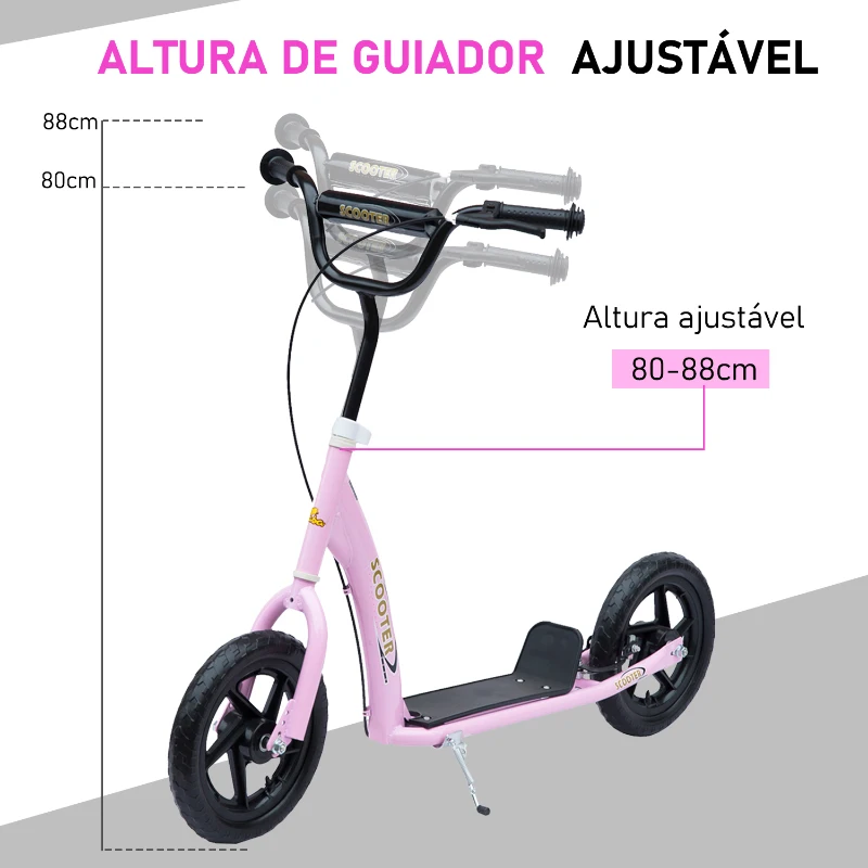 HomCom Trotinete para Crianças e Adultos 12 Pulgadas Guiador Ajustável com Travão Carga 100kg 120x52x80-88cm Aço Rosa