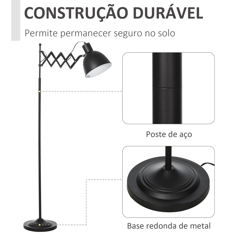 HOMCOM Lâmpada de pé com braço extensível tela ajustável Pedal interruptor Bulb Max. 40W Estrutura de metal Ф25x140 cm preto
