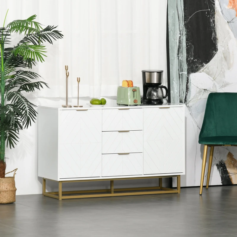 HOMCOM Aparador Auxiliar Armário de Armazenamento com 3 Gavetas e 2 Armários com Prateleira Ajustável 120x40x76 cm Branco