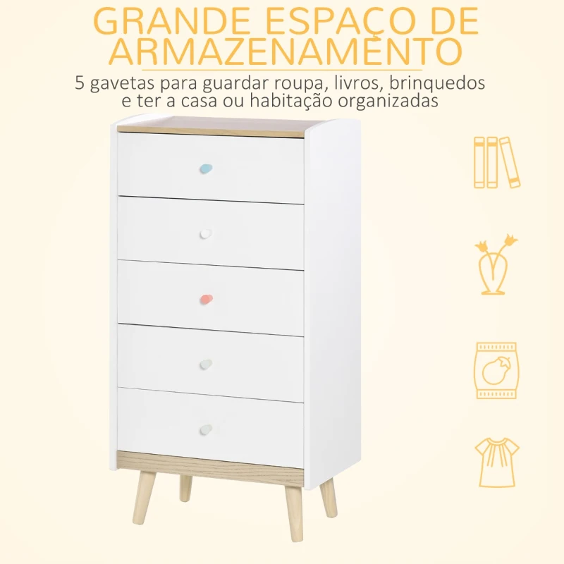 HOMCOM Cómoda Infantil de Madeira com 5 Gavetas para Crianças com Armazenamento para Brinquedos Roupa Livros 55x36x108cm Branco