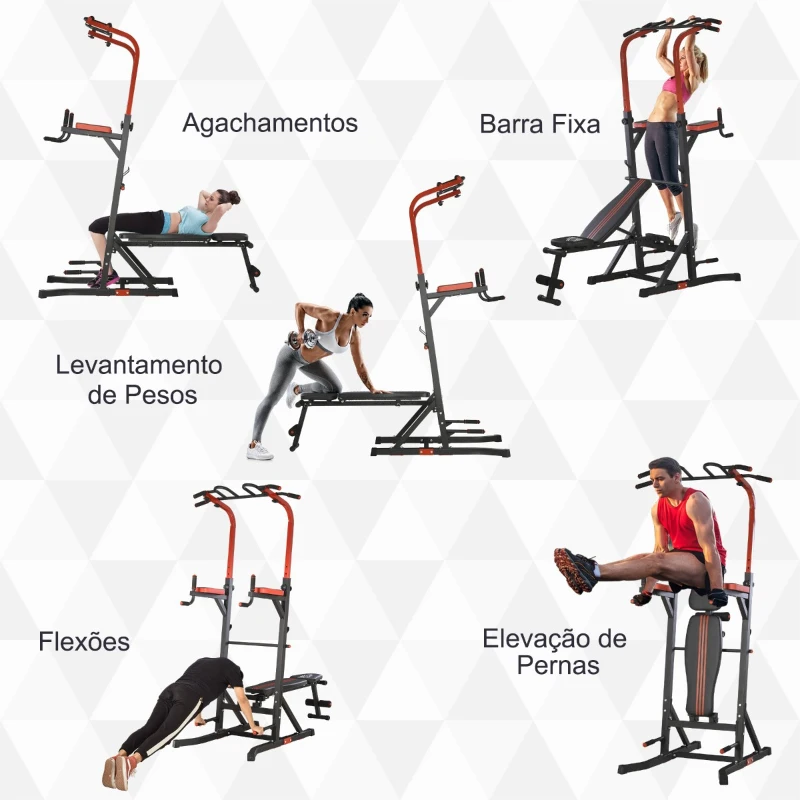 HOMCOM Estação de Musculação Torre de Treinamento com Altura Ajustável e Encosto Regulável em 7 Posições Barra de Elevação Flexões Aço 108x178x202-238cm Preto
