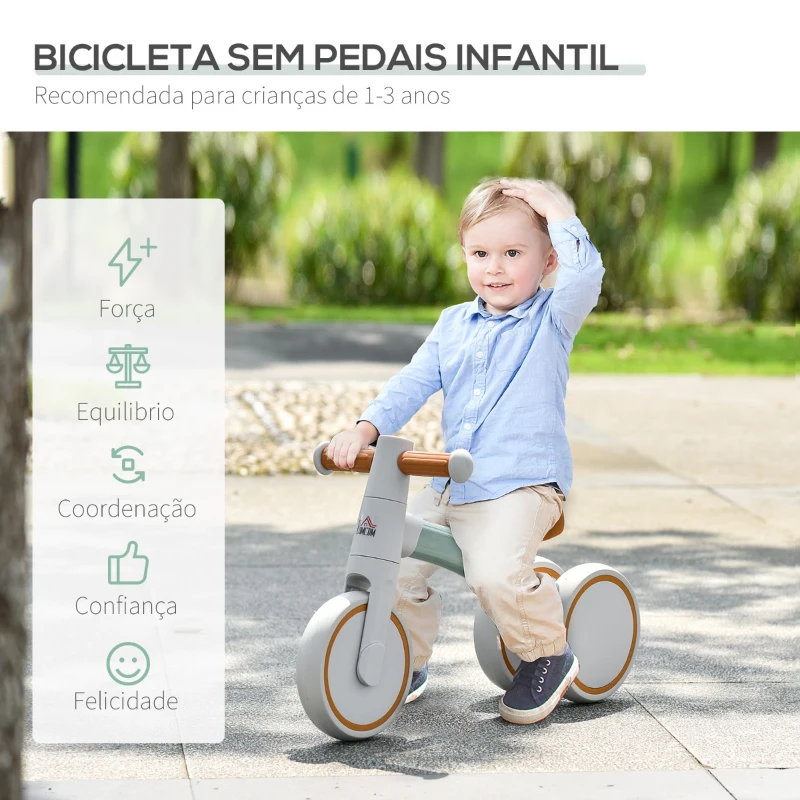 HOMCOM Bicicleta sem Pedais para Crianças de 1-3 Anos Bicicleta de Equilíbrio com 3 Rodas Silenciosas Carro Andador de Bebé 60x24x37cm Marrom