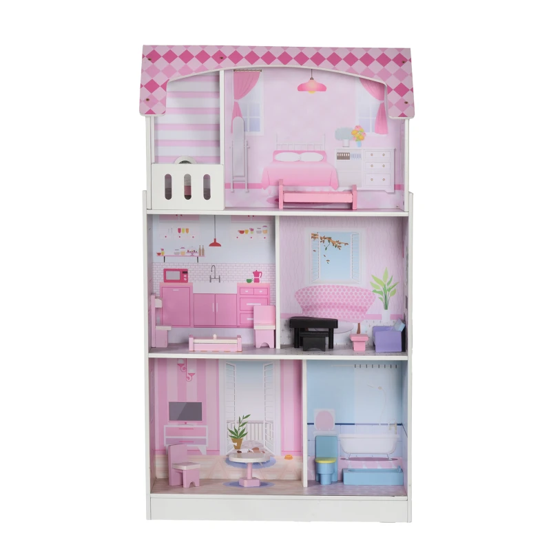 HOMCOM  2 em 1 binquedo de cozinha Casa de bonecas 3 andares com 12 acessórios incluidos para crianças acima de 3 anos  60x 48x 106 cm rosa