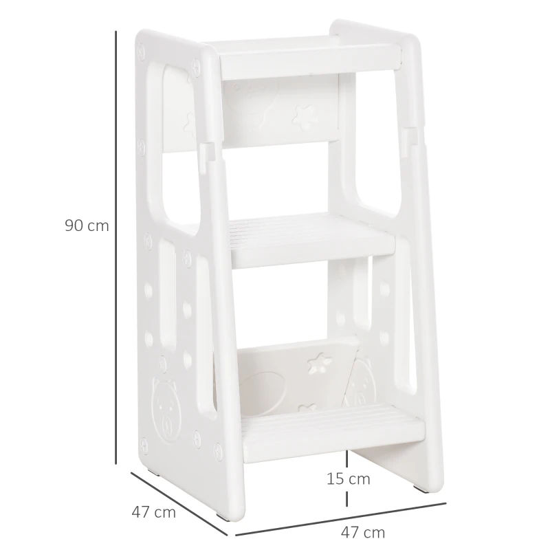 HOMCOM Torre de Aprendizagem para Crianças Banco Infantil com Altura Ajustável em 3 Posições e Plataforma Antiderrapante para Cozinha Sala de Jantar Casa de Banho 47x47x90cm Branco
