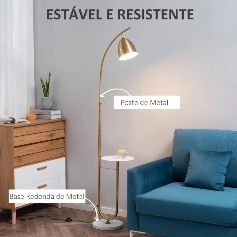 HOMCOM Candeeiro de Pé Vintage com Mesa Auxiliar Suporte para Lâmpada E27 Máx. 40W e Interruptor de Pé para Sala de Estar Dormitório Estúdio 30x44x177cm Dourado