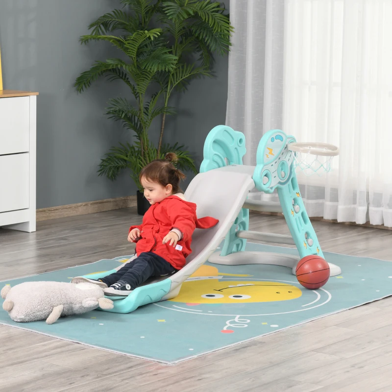 HOMCOM Escorrega Infantil Dobrável com Cesta de Basquetebol para Crianças acima de 18 meses Modelo Disco Voador para Interiores e Exteriores 140x87x75cm Azul e Cinza