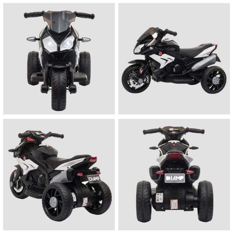HOMCOM Motocicleta Elétrica Infantil com 3 Rodas Triciclo para Crianças acima de 3 anos com Bateria 6V Recarregável Funções de Música Buzina Faróis 86x42x52cm Preto e Branco