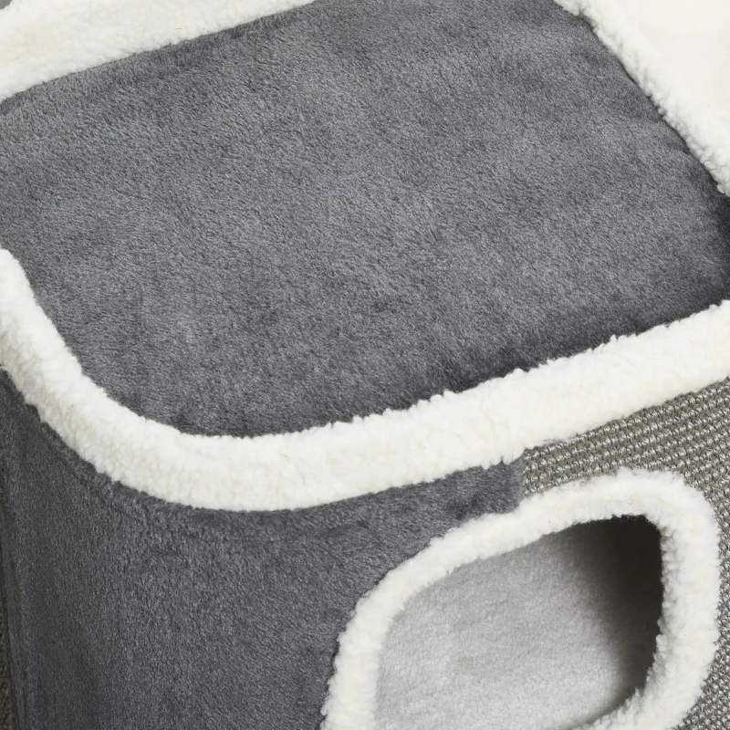 PawHut Arranhador em Forma de Cilindro para Gatos com 3 Cavernas de Sisal e Pelúcia Plataforma de Velo 40x40x74cm Cinza