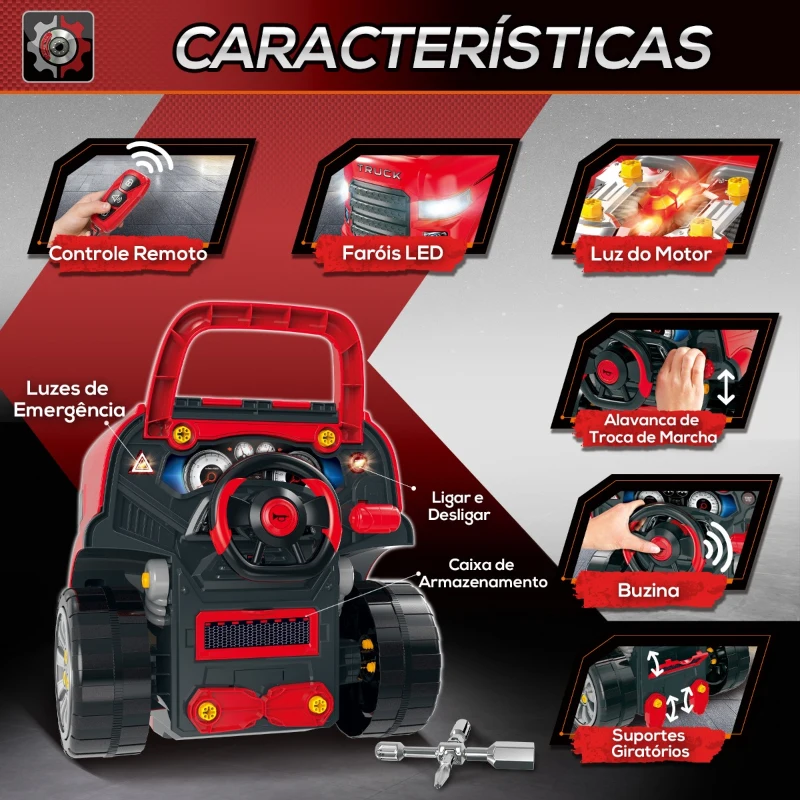 HOMCOM Motor de Caminhão para Crianças acima de 3 Anos Conjunto de Motor de Brinquedo com 61 Peças Volante Buzina Faróis Caixa de Armazenamento e Rodas 40x39x47cm Vermelho