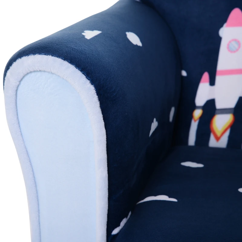 HOMCOM Poltrona para Crianças acima de 3 Anos com Desenhos de Foguete Estrutura de Madeira e Estofado em Flanela 50x39x44 cm Azul