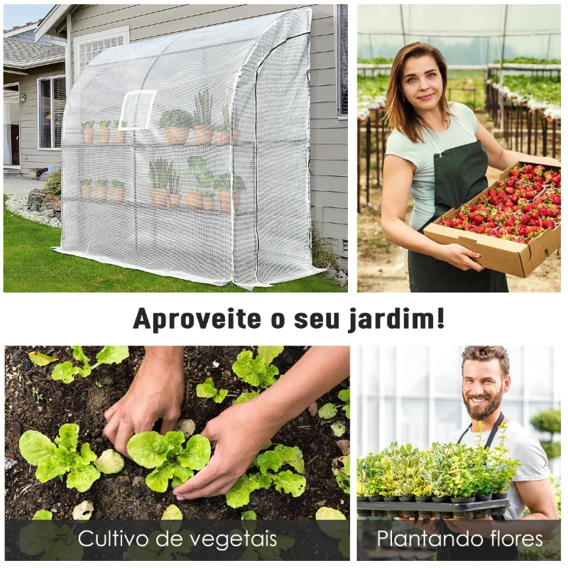 Outsunny Estufa com prateleiras portas e janela colocar na parede 200x100x215 cm Branco