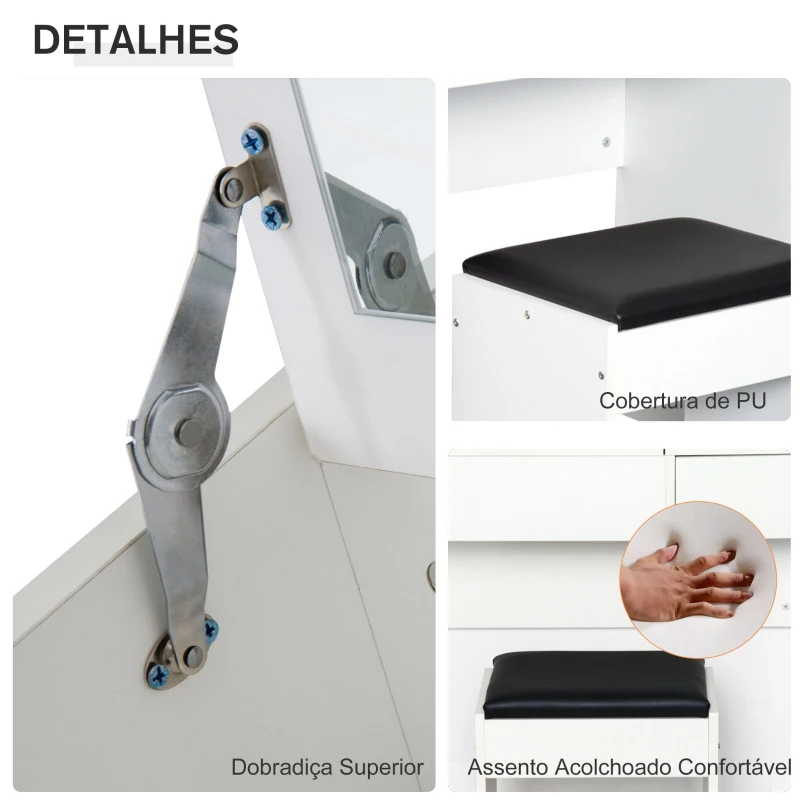 HOMCOM Toucador de Maquilhagem com Branco e Tampa Dobrável Mesa de Maquilhagem com Compartimentos e Gaveta 80x40x79cm Branco