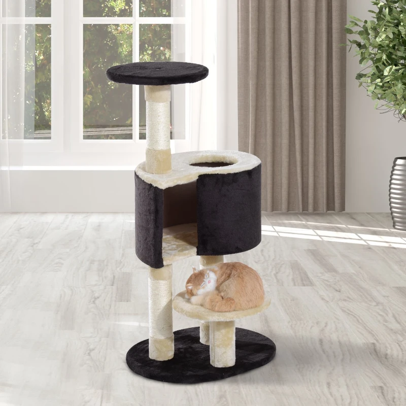 PawHut Arranhador Gato Creme e Preto Peluche 50 x 40 x 98 cm