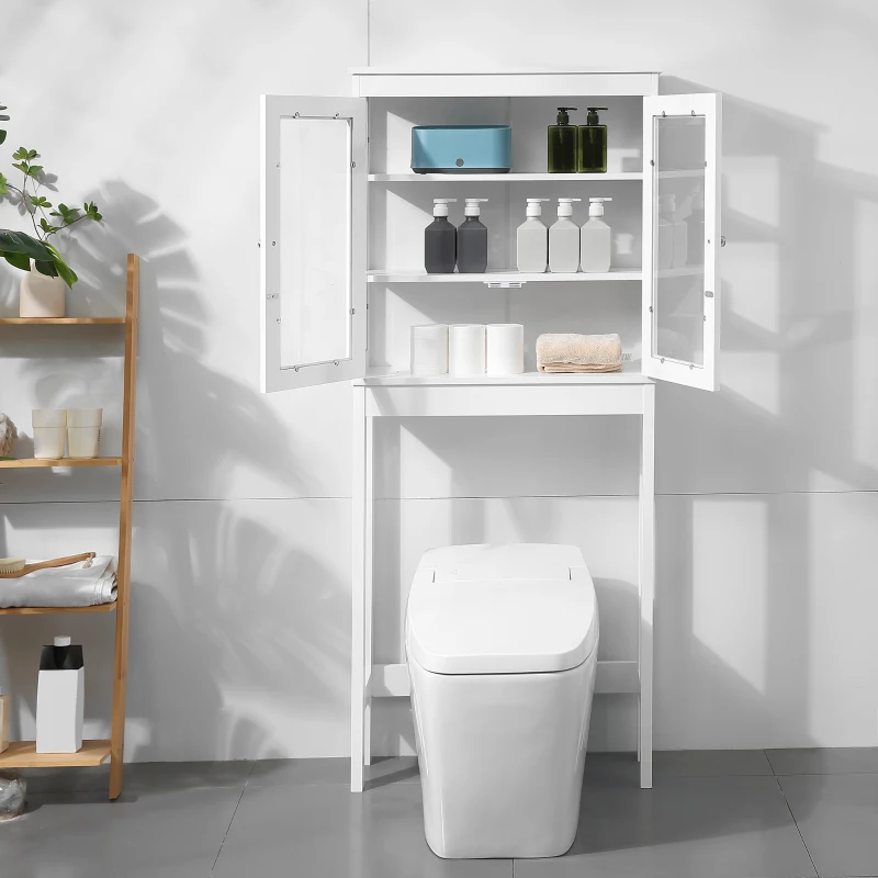 kleankin Armário de banheiro sobre vaso sanitário Armário alto para máquina de lavar com portas de vidro e prateleira interna ajustável 70x24,5x160 cm Branco