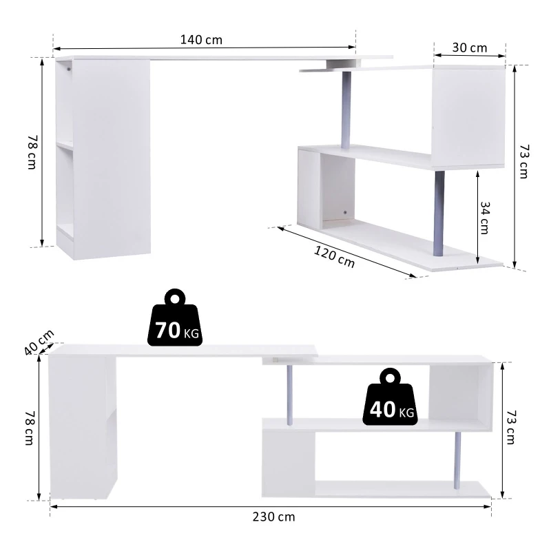 HOMCOM Secretária Mesa de Escritório Branco de Canto com Rotação 360° Multiformes 2 Prateleiras Estante Branca