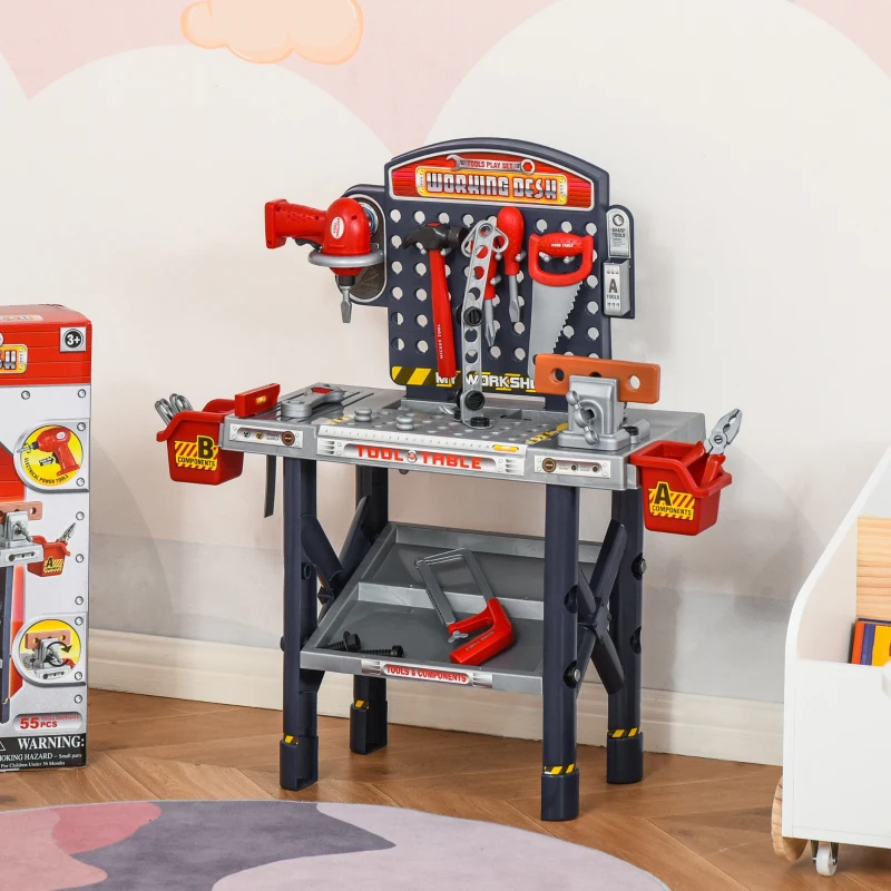 HOMCOM Bancada de Ferramentas para Crianças acima de 3 Anos Inclui 55 peças com Berbequim Elétrico Chave Inglesa Alicates Brinquedo de Aprendizagem 69x26,5x75cm Multicor