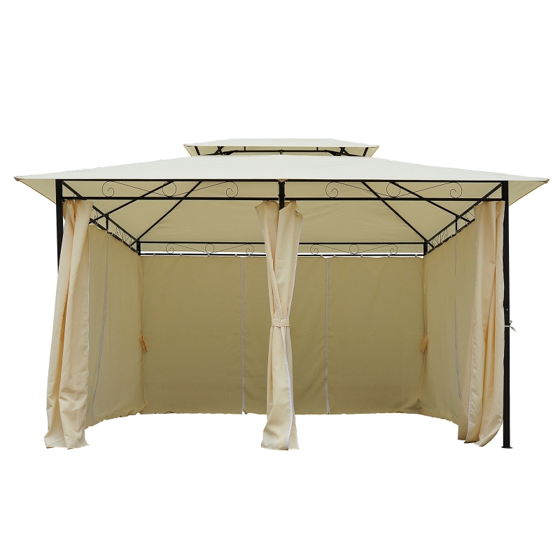 Outsunny Pérgola de jardim 3x4 m estrutura de aço telhado Duplo 6 Cortinas Laterais 8 Orifícios de Drenagem Boa Ventilação para Festas Eventos Creme