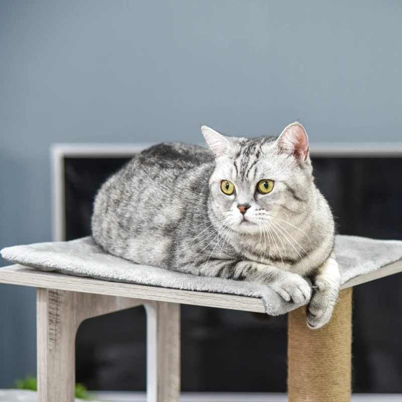 PawHut Árvore Arranhador para Gatos Arranhador de Gatos com Caverna Múltiplas Plataformas e Postes de Arranhar de Juta Brincadeira e Descanso 67x38,5x114cm Cinza