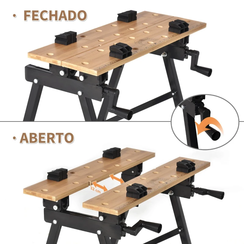 HOMCOM Bancada de Trabalho Dobrável Portátil com Placas Ajustáveis em Ângulo e Distância Bambú e Aço Carga Máx. 150kg 63,5x60x5x78cm Madeira Natural e Preto