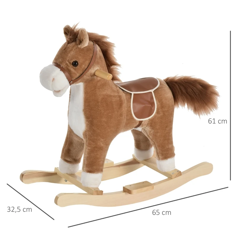 HOMCOM Cavalo Baloiço para Crianças Cavalo Baloiço de Pelúcia Suave com Música Relinchos Sons de Galope Boca e Cauda Móveis 65x32,5x61 cm Marrom