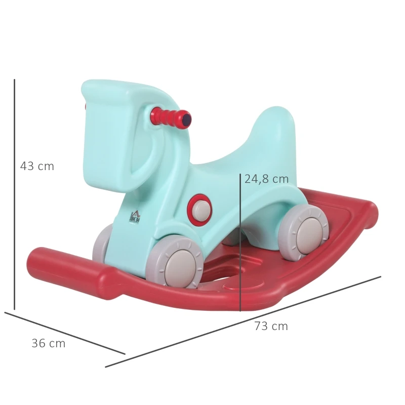 HOMCOM Cavalo Baloiço para Bebés 2 em 1 Carro Andador com Rodas e Efeitos Sonoros e Guiador Brinquedo Infantil para Crianças acima de 1 ano 73x36x43cm Azul e Vermelho