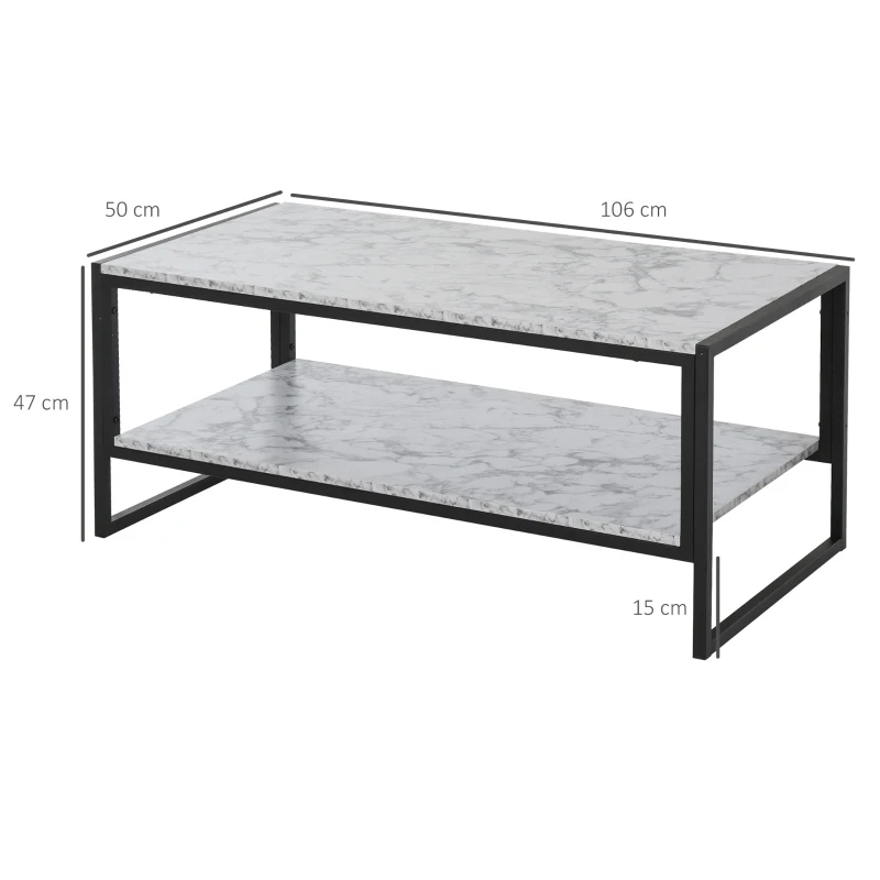 HOMCOM Mesa de Centro com Prateleira Mesa de Café Minimalista Imitação de Mármore Estrutura de Metal 106x50x47cm Branco e Preto
