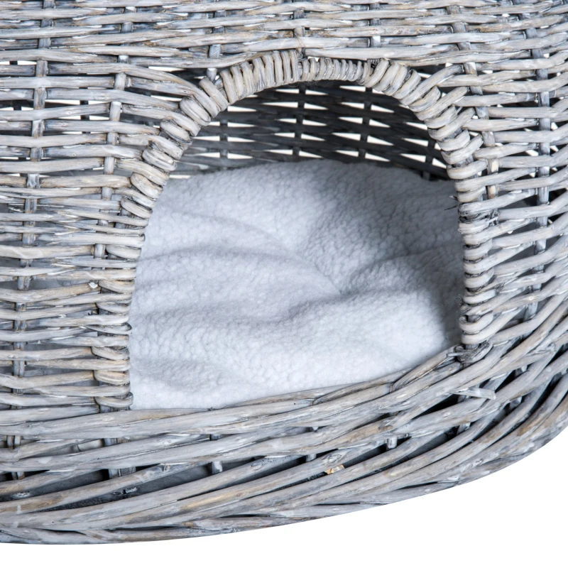 PawHut Cesta de vime para gatos de 2  alturas com cama e caverna almofadas laváveis ​​56x37x40 cm Cinza