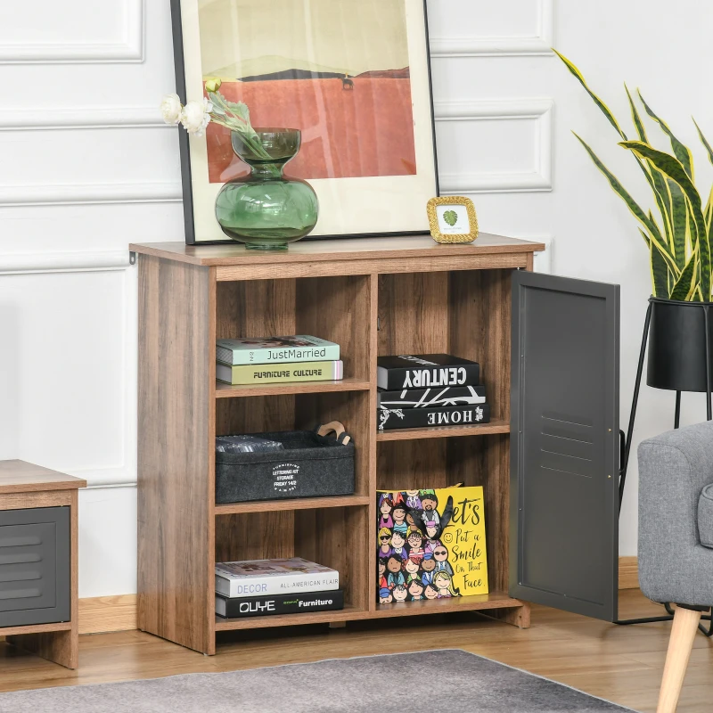HOMCOM Aparador com Porta de Metal Móvel Auxiliar com 3 Prateleiras Abertas e Armário com Porta e Prateleira Ajustável 80x35x82cm Madeira Natural