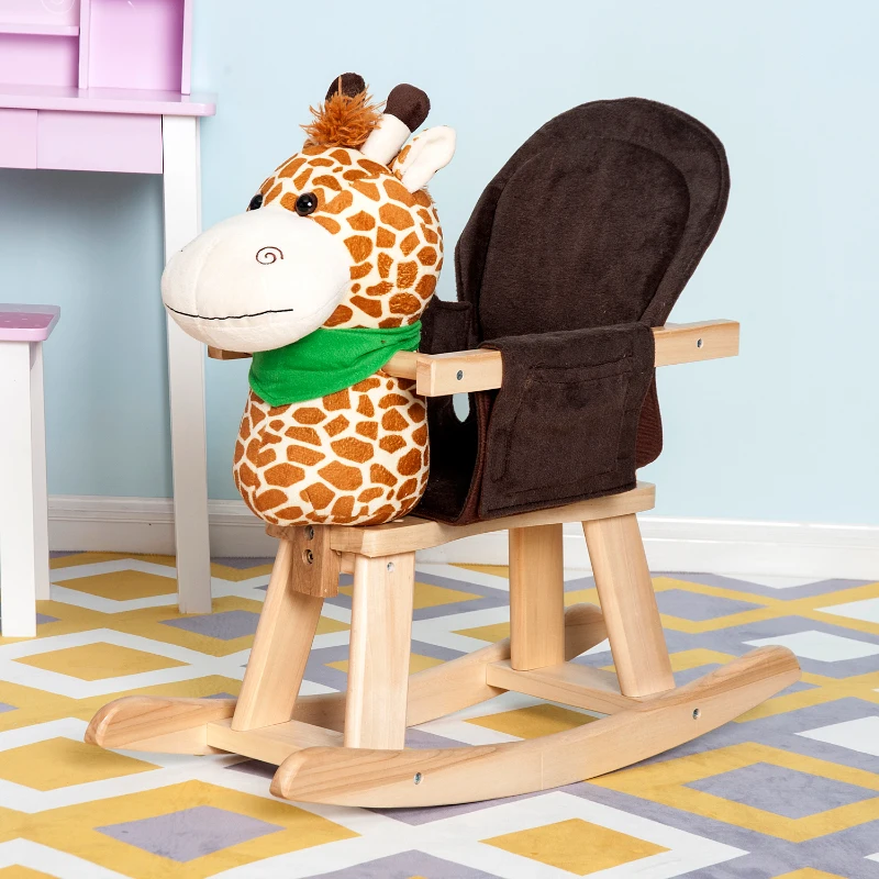HomCom® Cadeira de Baloiço Bebé +18 meses Baloiço de Peluche Madeira com 32 Canções Cinto de Seguridade Girafa de Peluche 63x28x55cm