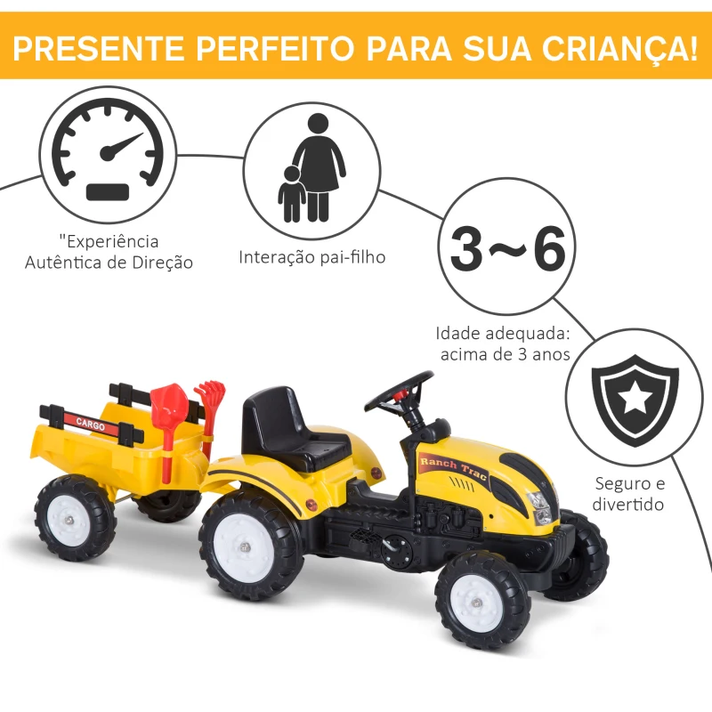 HOMCOM Trator de Pedais com Atrelado para Crianças acima de 3 anos Carga 35kg 123x42x51 cm Amarelo e Preto