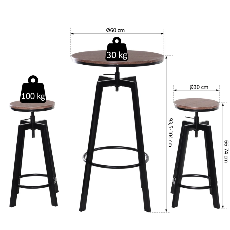 HomCom® Conjunto de Mesa e 2 Tamboretes Móveis para Bar Restaurante Conjunto de 3 peças de madeira e aço ajustável